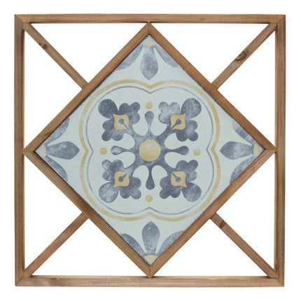 Set of Two White Blue And Brown Floral Wood and Metal Square Framed Art HomeRoots