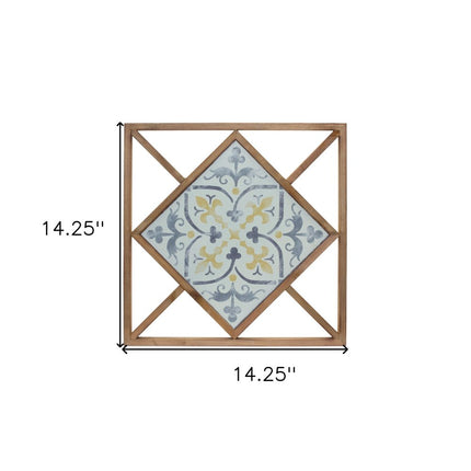 Set of Two White Blue And Brown Floral Wood and Metal Square Framed Art HomeRoots
