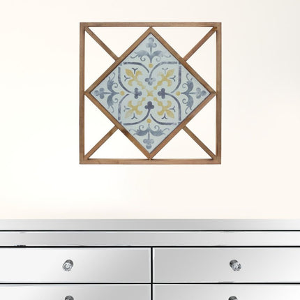 Set of Two White Blue And Brown Floral Wood and Metal Square Framed Art HomeRoots