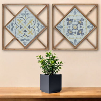 Set of Two White Blue And Brown Floral Wood and Metal Square Framed Art HomeRoots