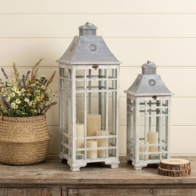 Set of Two White And Silver Distressed Geometric Metal Floor Lantern Candle Holders HomeRoots