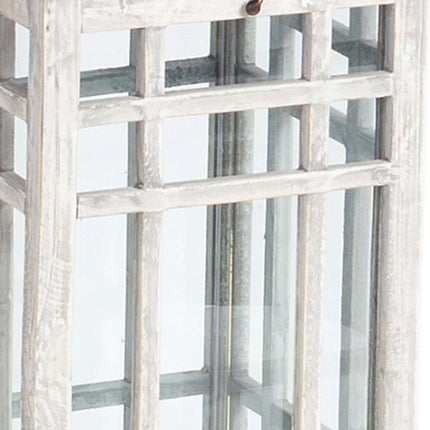 Set of Two White And Silver Distressed Geometric Metal Floor Lantern Candle Holders HomeRoots