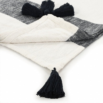 50" X 60" Blue and White Woven Cotton Striped Throw Blanket with Tassels HomeRoots