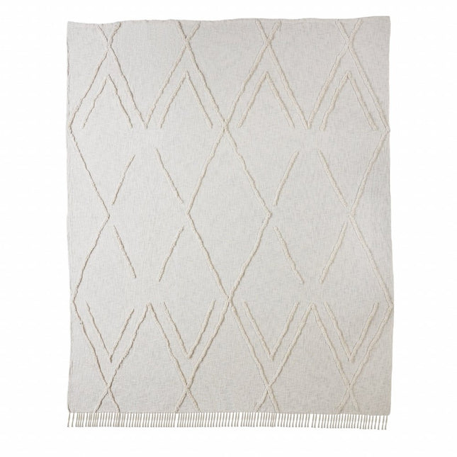Ivory Geometric Queen Cotton Coverlet With Fringe
