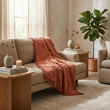 60" X 50" Orange Woven Cotton Throw Blanket with Fringe HomeRoots
