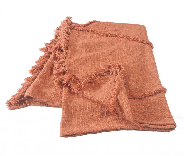 60" X 50" Orange Woven Cotton Throw Blanket with Fringe HomeRoots