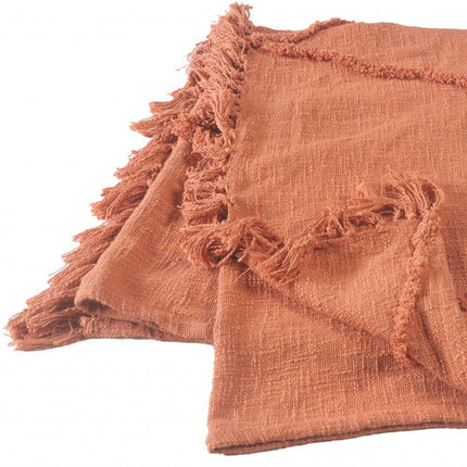 60" X 50" Orange Woven Cotton Throw Blanket with Fringe HomeRoots