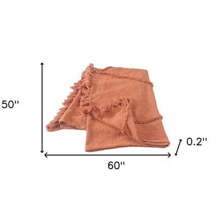 60" X 50" Orange Woven Cotton Throw Blanket with Fringe HomeRoots
