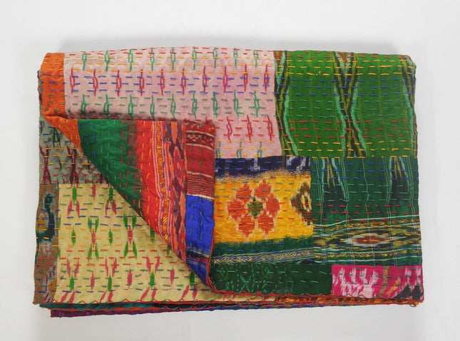 70" X 50" Blue and Green Kantha Silk Patchwork Throw Blanket with Embroidery HomeRoots