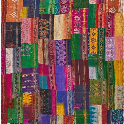 70" X 50" Blue and Green Kantha Silk Patchwork Throw Blanket with Embroidery