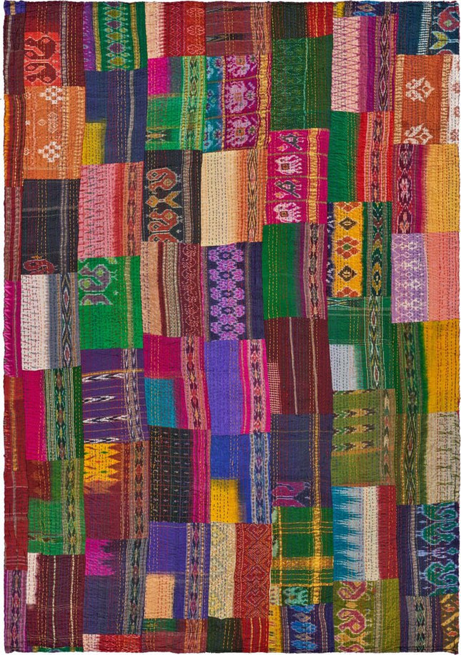 70" X 50" Blue and Green Kantha Silk Patchwork Throw Blanket with Embroidery HomeRoots
