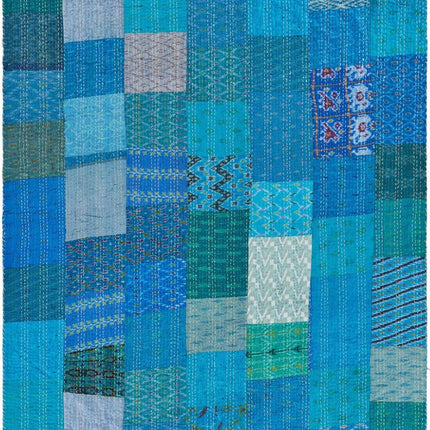 70" X 50" Blue Kantha Silk Patchwork Throw Blanket with Embroidery HomeRoots