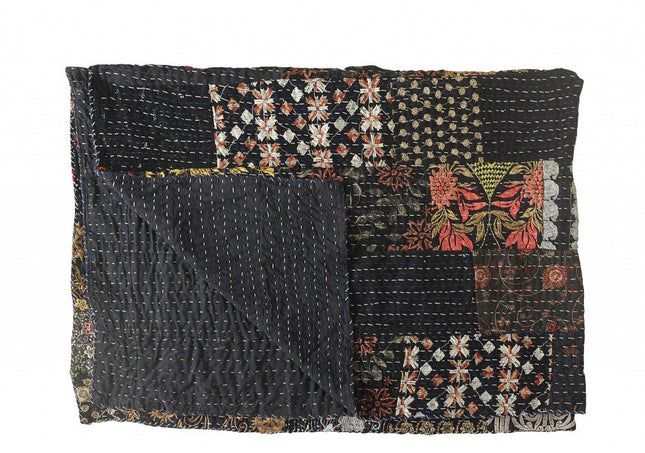 70" X 50" Black Kantha Cotton Patchwork Throw Blanket with Embroidery HomeRoots