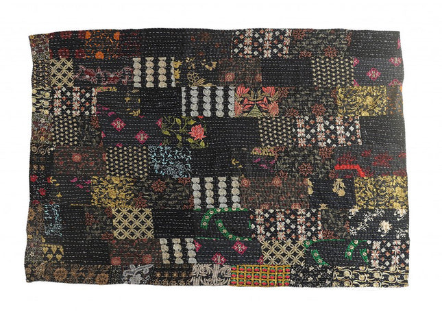 70" X 50" Black Kantha Cotton Patchwork Throw Blanket with Embroidery HomeRoots