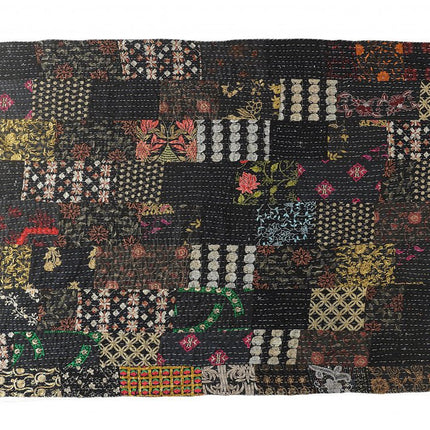 70" X 50" Black Kantha Cotton Patchwork Throw Blanket with Embroidery
