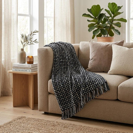 Black and Blue Woven Cotton Geometric Throw Blanket HomeRoots
