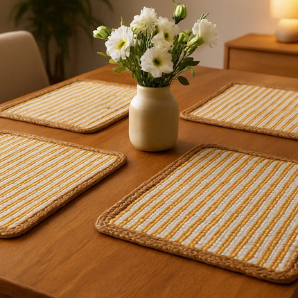 19" Set of Four Cream Yellow And Natural Striped Cotton And Jute Placemats HomeRoots