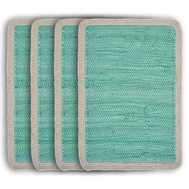 19" Set of Four Turquoise and Natural Solid With Border Cotton Placemats HomeRoots