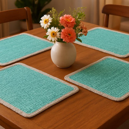 19" Set of Four Turquoise and Natural Solid With Border Cotton Placemats HomeRoots