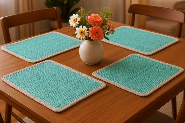 19" Set of Four Turquoise and Natural Solid With Border Cotton Placemats HomeRoots