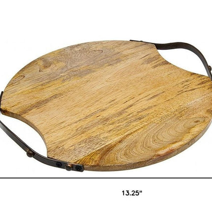 13" Natural Brown Round Wood and Metal Tray HomeRoots