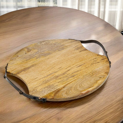 13" Natural Brown Round Wood and Metal Tray HomeRoots