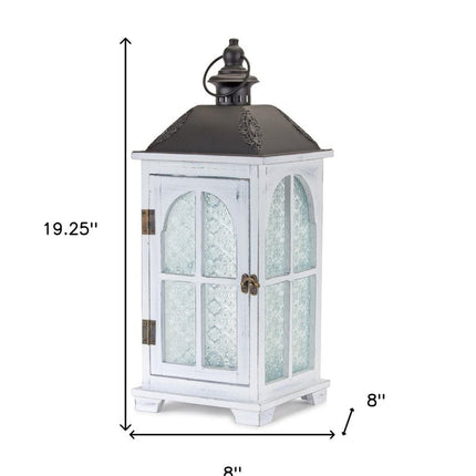 Set of Two White And Black Distressed Ornate Glass Wood And Metal Floor Lantern Candle Holders HomeRoots
