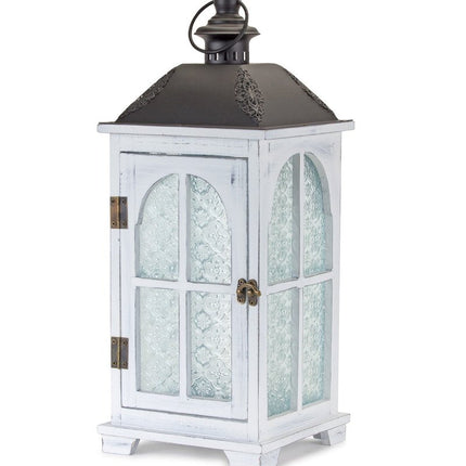Set of Two White And Black Distressed Ornate Glass Wood And Metal Floor Lantern Candle Holders HomeRoots