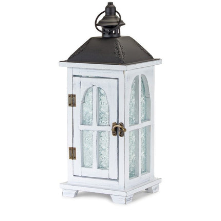 Set of Two White And Black Distressed Ornate Glass Wood And Metal Floor Lantern Candle Holders HomeRoots