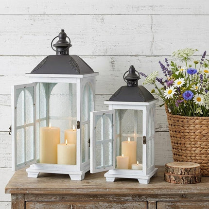 Set of Two White And Black Distressed Ornate Glass Wood And Metal Floor Lantern Candle Holders HomeRoots