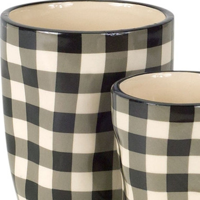 Set of Six Black And Ivory Ceramic 2 Ounce Geometric Round Pot Planters HomeRoots