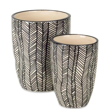 Set of Six Black And Ivory Ceramic 2 Ounce Geometric Round Pot Planters HomeRoots