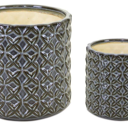 Set of Two Brown And Gray Clay 7 Ounce Geometric Round Pot Planters HomeRoots