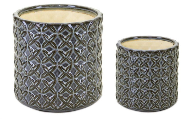 Set of Two Brown And Gray Clay 7 Ounce Geometric Round Pot Planters HomeRoots