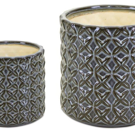 Set of Two Brown And Gray Clay 7 Ounce Geometric Round Pot Planters HomeRoots