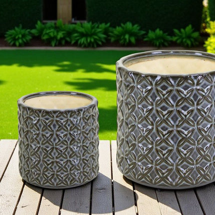 Set of Two Brown And Gray Clay 7 Ounce Geometric Round Pot Planters HomeRoots