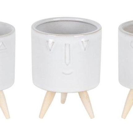 Set of Three White Porcelain 1 Ounce Round Funny Face Pot Planters With Stands HomeRoots