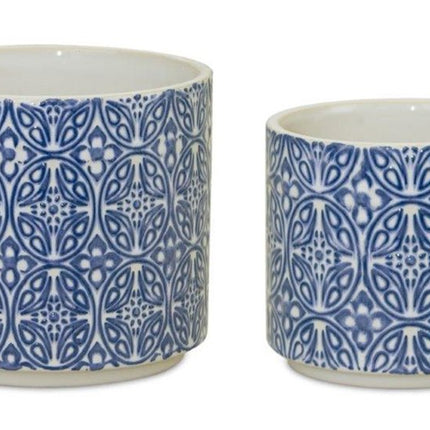 Set of Two Blue And White Ceramic Medallion 3 Ounce Round Pot Planters HomeRoots