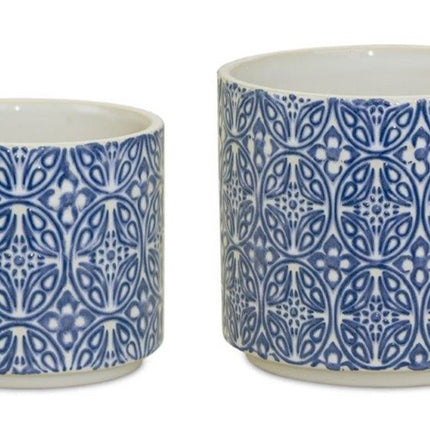Set of Two Blue And White Ceramic Medallion 3 Ounce Round Pot Planters HomeRoots