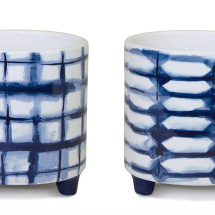Set of Two Cobalt And White Ceramic 2 Ounce Round Footed Pot Planters HomeRoots