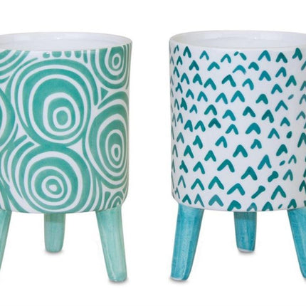 Set of Two Aqua Teal And White Ceramic 2 Ounce Chevron Round Distressed Pot Planters HomeRoots