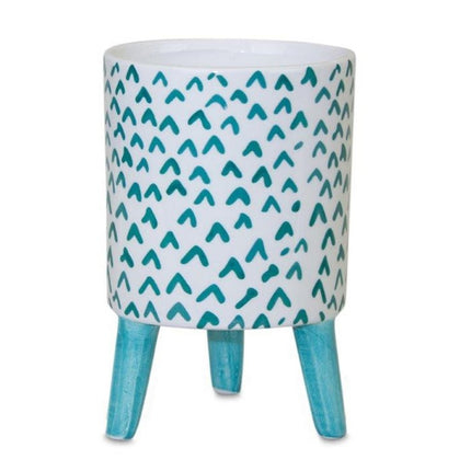 Set of Two Aqua Teal And White Ceramic 2 Ounce Chevron Round Distressed Pot Planters HomeRoots