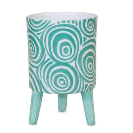 Set of Two Aqua Teal And White Ceramic 2 Ounce Chevron Round Distressed Pot Planters HomeRoots