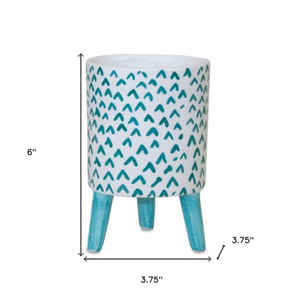 Set of Two Aqua Teal And White Ceramic 2 Ounce Chevron Round Distressed Pot Planters HomeRoots