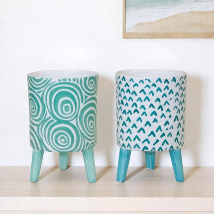 Set of Two Aqua Teal And White Ceramic 2 Ounce Chevron Round Distressed Pot Planters HomeRoots