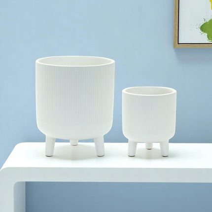Set of Two White Ceramic Striped Footed Pot Planters HomeRoots