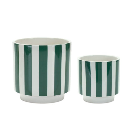 Set of Two Green And White Dolomite Striped 4 Ounce Round Pot Planters HomeRoots