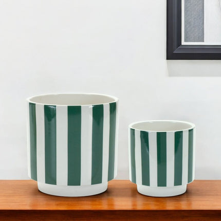 Set of Two Green And White Dolomite Striped 4 Ounce Round Pot Planters HomeRoots