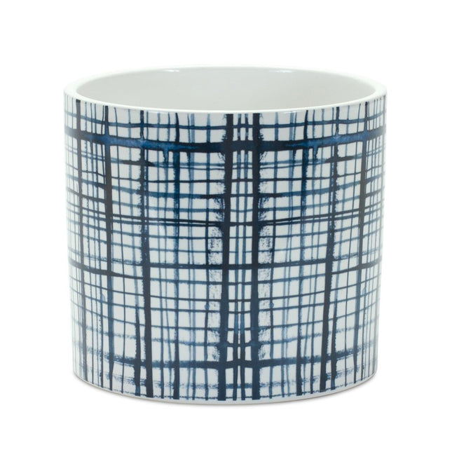 Set of Two White And Blue Ceramic Lattice 2 Ounce Round Pot Planters HomeRoots