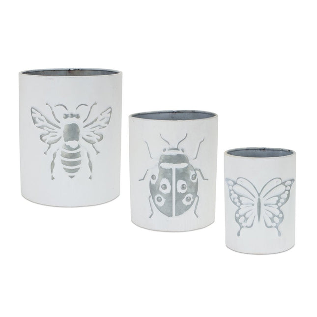 Set of Three White And Gray Metal 9 Ounce Abstract Round Distressed Pot Planters HomeRoots